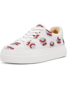 Women Red White Comfortable Rhinestone Low-Top Glam Stylish Design Sneakers
